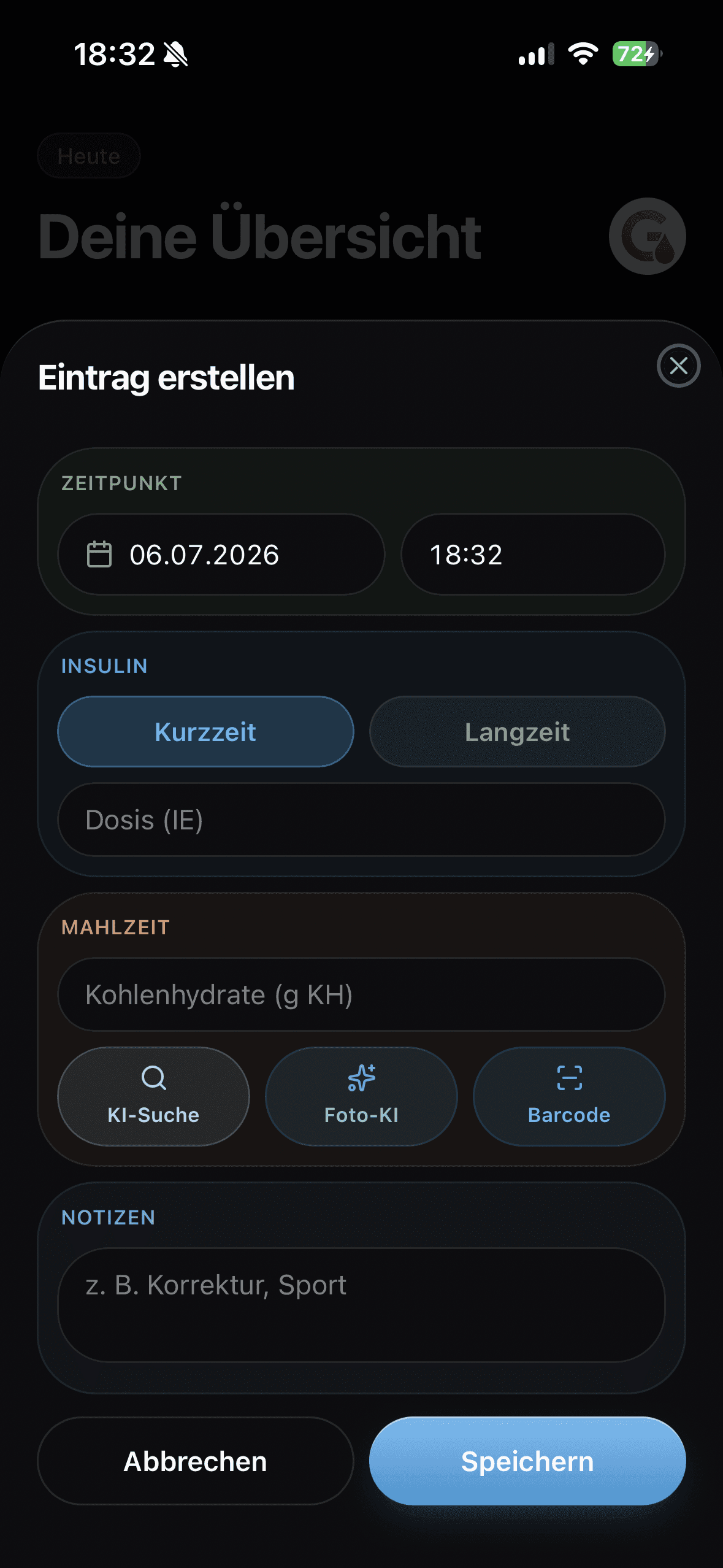 Schnelleintrag in Glukinity
